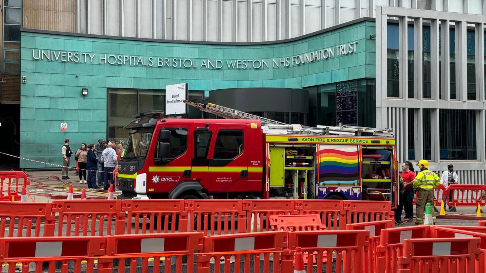 A fire engine parked outside the Bristol Royal Infirmary - with the road cordened off