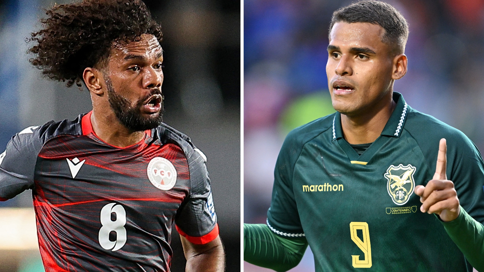 A split image showing New Caledonia's Joris Kenon and Bolivia's Enzo Monteiro from waist up in action during football matches. The bearded Kenon is running in a black and red shirt, with his dark, tight, curly hair flying out behind him as he moves. Monteiro, who is in a green shirt and matching undersleeves, is raising his left index finger to point upwards 