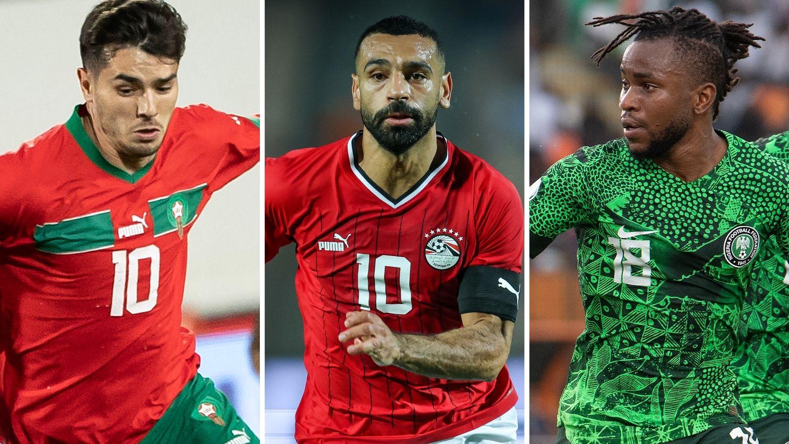 A split image showing Brahim Diaz, Mohamed Salah and Ademola Lookman in action for Morocco, Egypt and Nigeria respectively