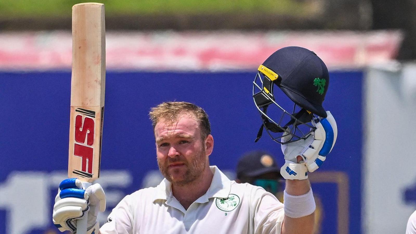 Paul Stirling acknowledges applause after reaching his sole Test century against Sri Lanka in Galle last year