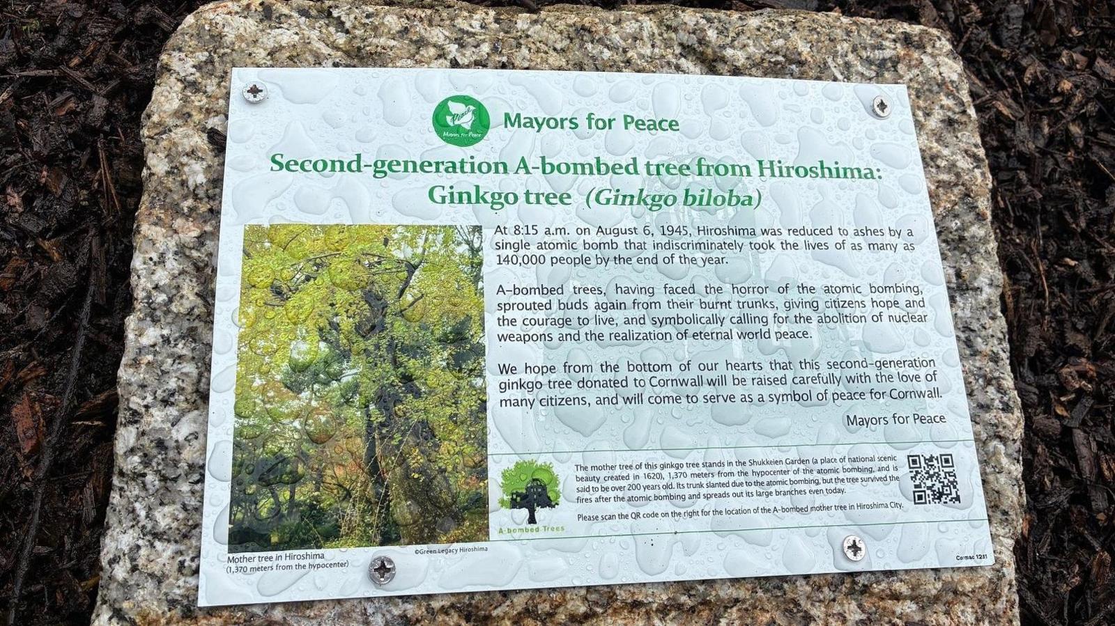 An information board mounted on Cornish Granite tells the story of the atomic bomb that exploded on August 6th 1945