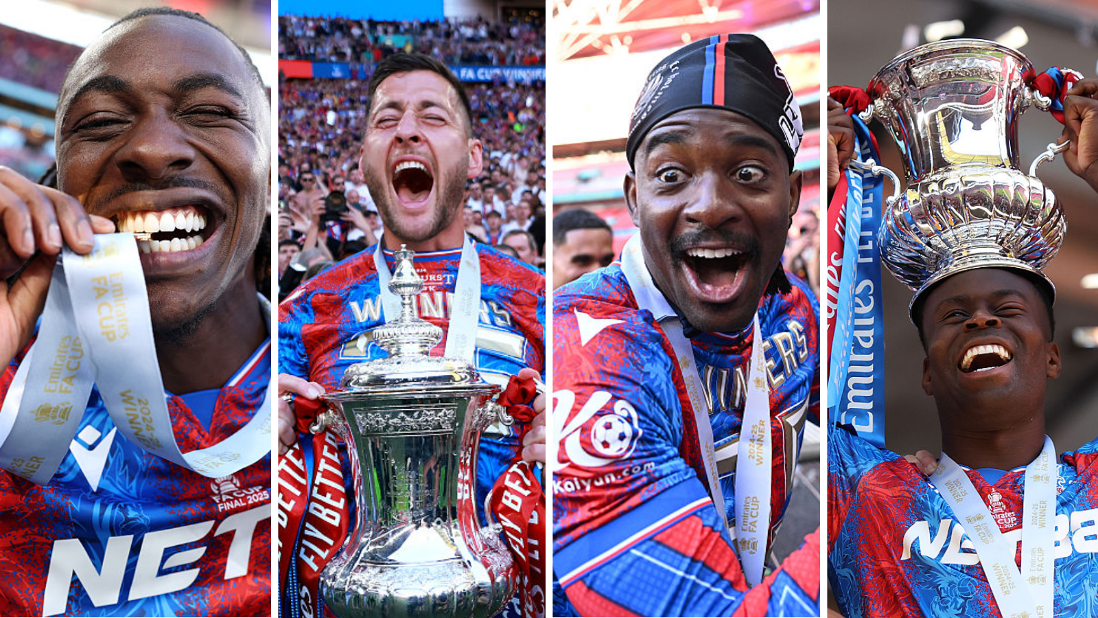 Eberechi Eze mordiendo su medalla, Joel Ward con el trofeo, Jean-Phillipe Mateta sonriendo y Marc Guehi con el trofeo en la cabeza