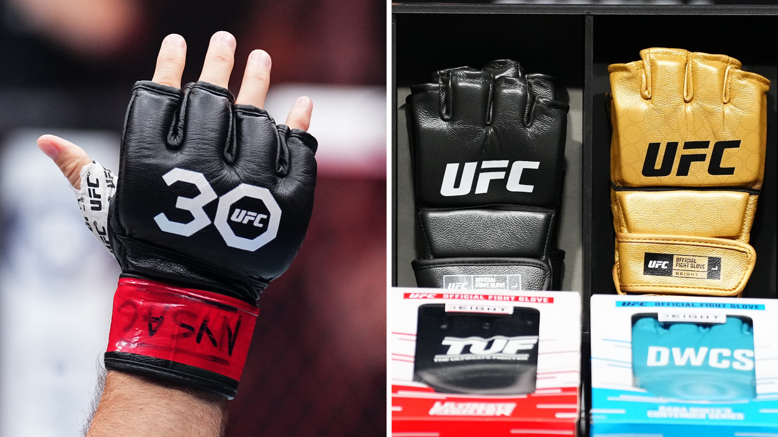 A split picture of the gloves formerly used in the UFC alongside the new ones