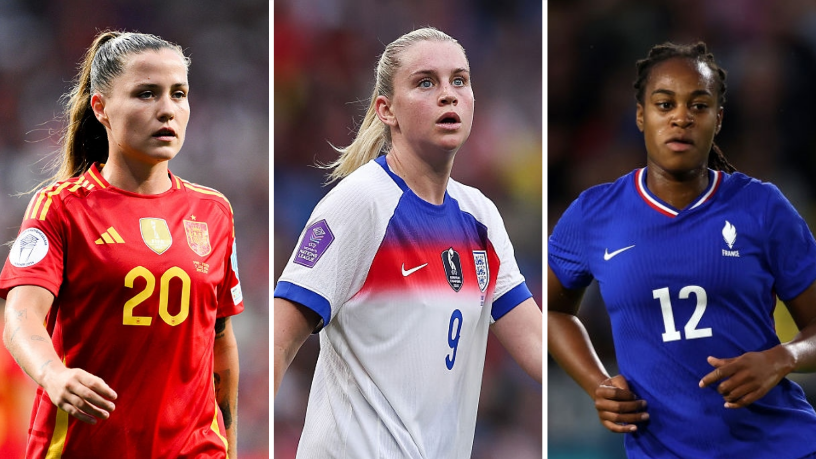 Claudia Pina of Spain, Alessia Russo of England and Marie-Antoinette Katoto of France