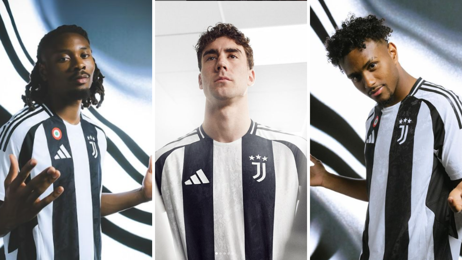 Khephren Thuram, Dušan Vlahovic and Juan David Cabal pose in new Juventus home shirt.