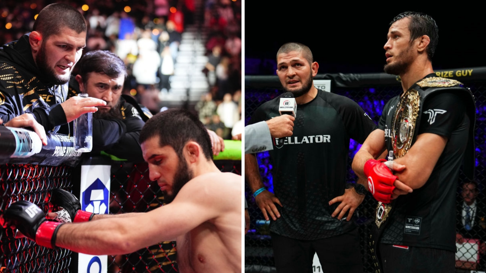 Split image of Khabib Nurmagomedov issues instructions to Islam Makhachev (left) and speaks on the microphone beside Bellator champion Usman Nurmagomedov (right)