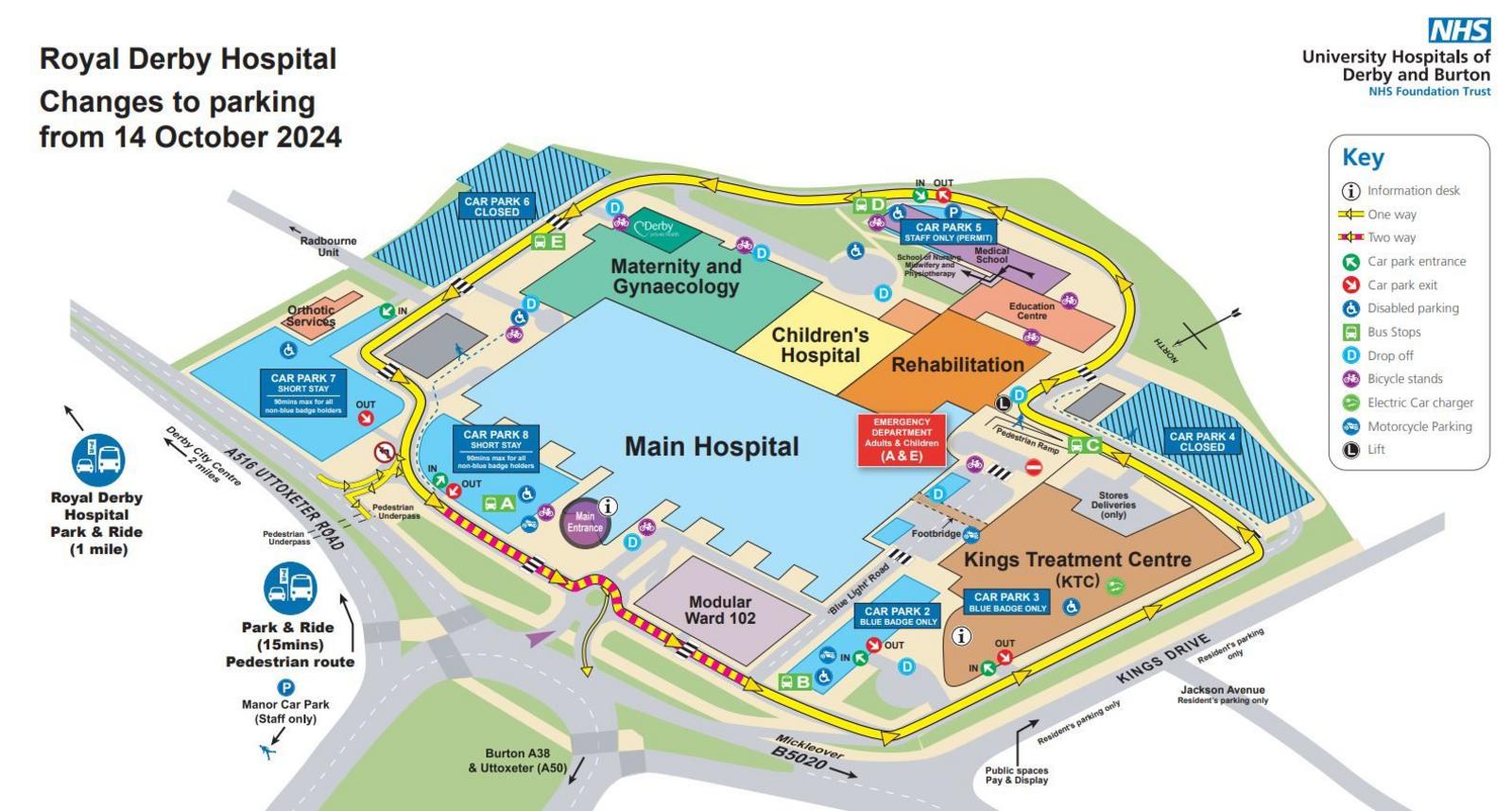 A map of the new Royal Derby Hospital car park changes showing that 2 and 3 will be blue badge only, 4 and 6 will close and 7 and 8 will be short stay