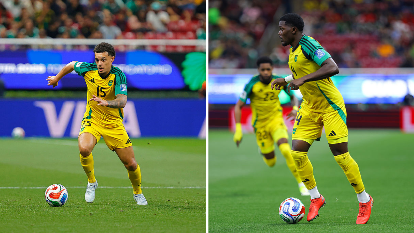 Side-by-side images of Joel Latibeaudiere and Ephron Mason-Clark in yellow Jamaica kits