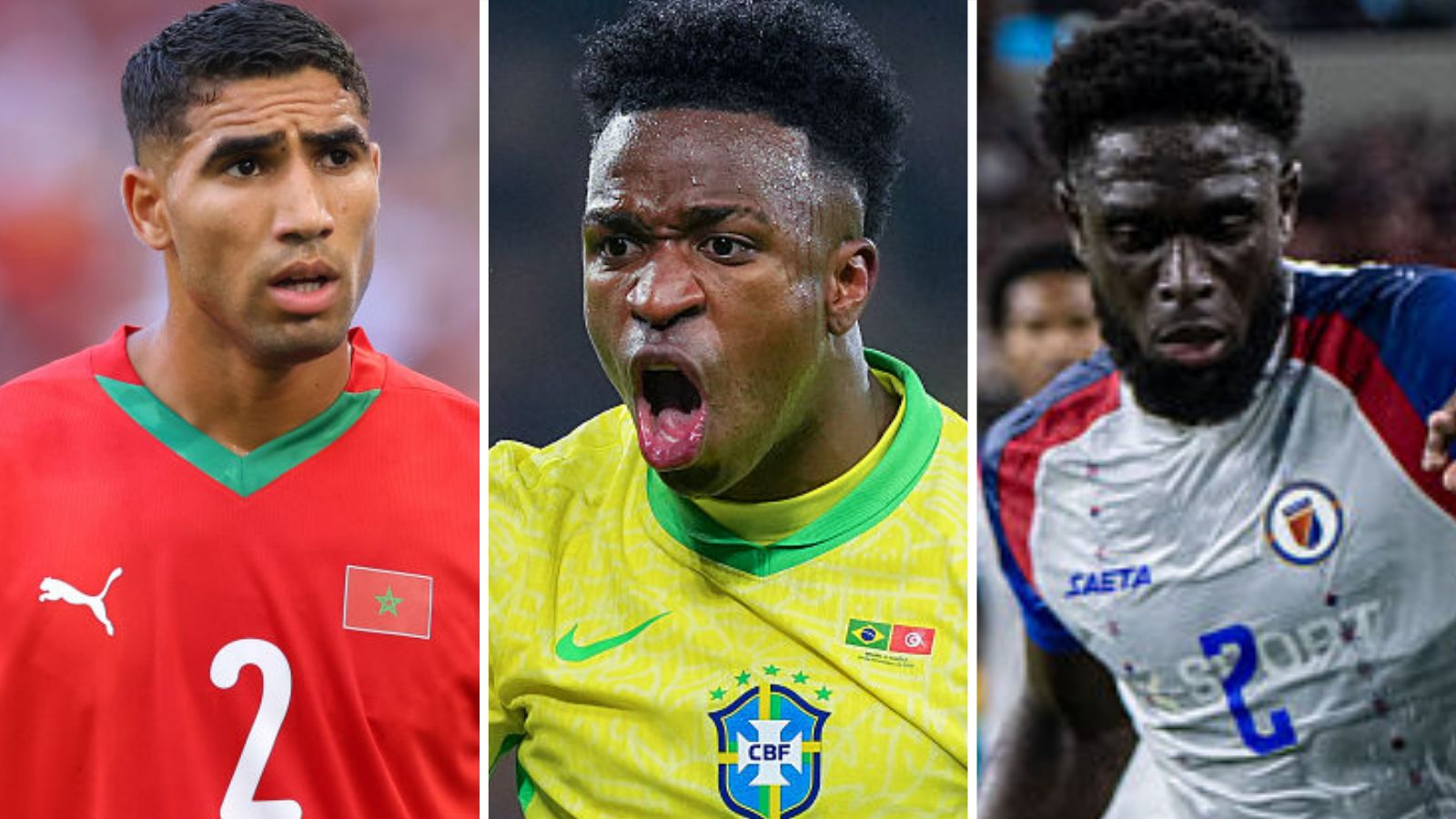 Morocco's Achraf Hakimi, Brazil's Vinicius Junior, and Haiti's Carlens Arcus