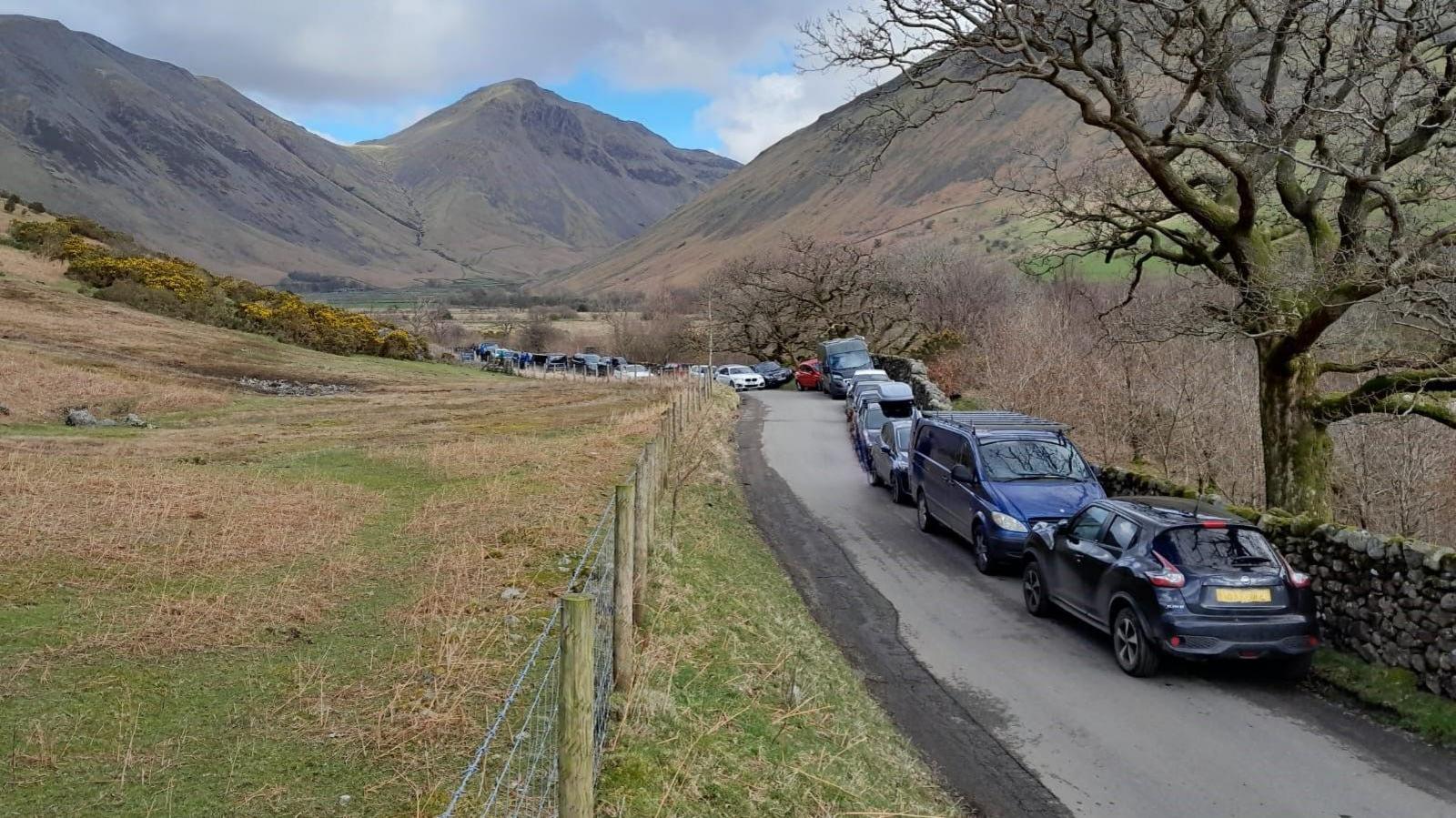 Cars parked on a narrow road in Wasdale valley