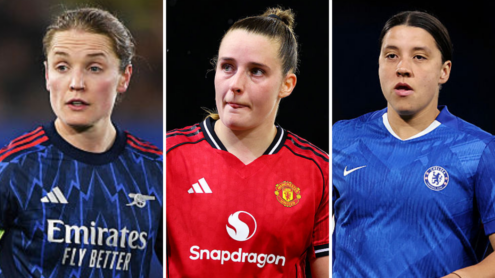 Kim Little, Ella Toone and Sam Kerr representing their clubs in Europe, each pictured separately in dark blue and black, red and blue shirts respectively