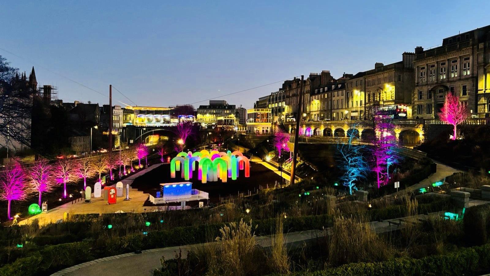 Union Terrace Gardens, with lots of bright light art installations.