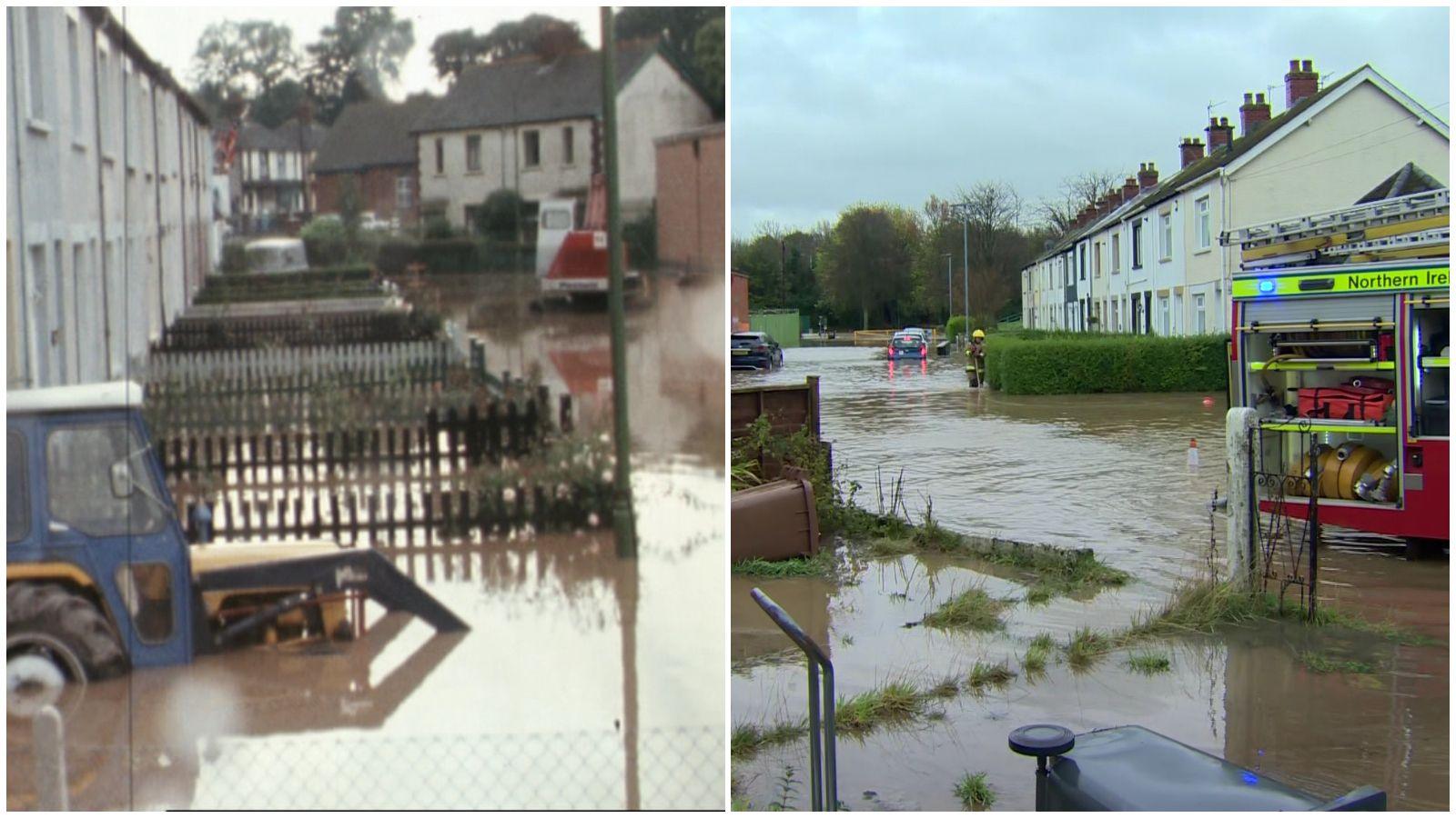 A screen shot of an archive BBC Scene Around Six report from 5 July 1971.  Front gardens in Park Avenue, Dundonald, are swamped by brown flood water.  The tyres of a tractor in the foreground are partially submerged. 