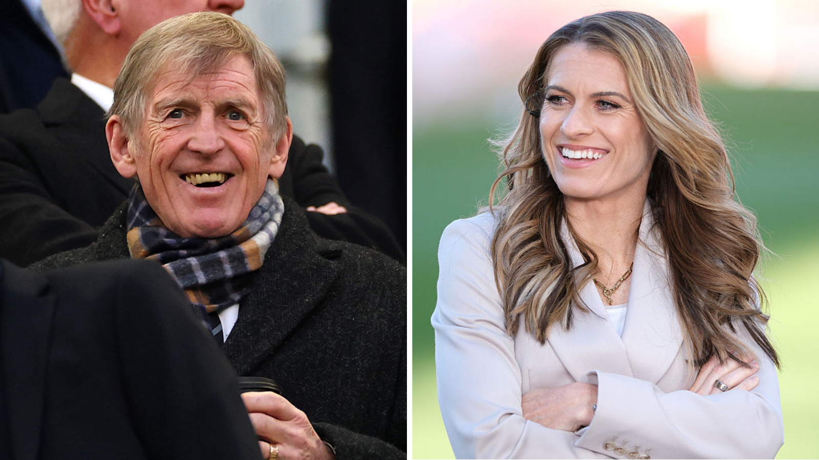 Split image of a smiling Kenny Dalglish (left), wearing a dark coat and patterned scarf, and Karen Carney (right), wearing a grey blazer with long brown hair worn down and arms folded