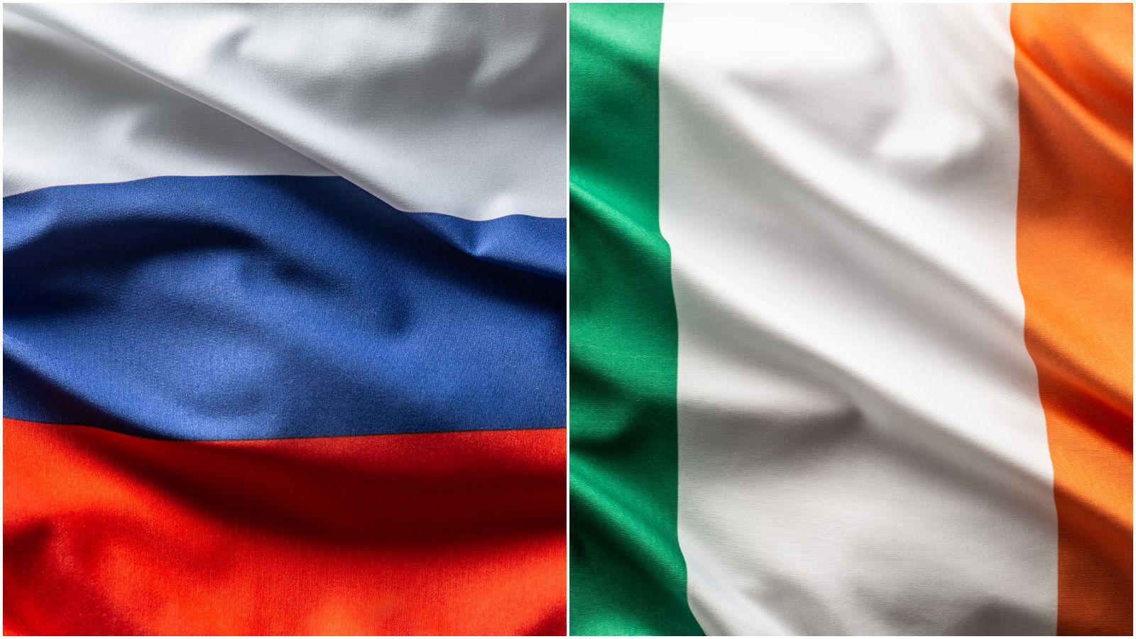 A side by side of the Russian and Irish flags. the Russian flag - left is white blue and red and the Irish is green white and orange