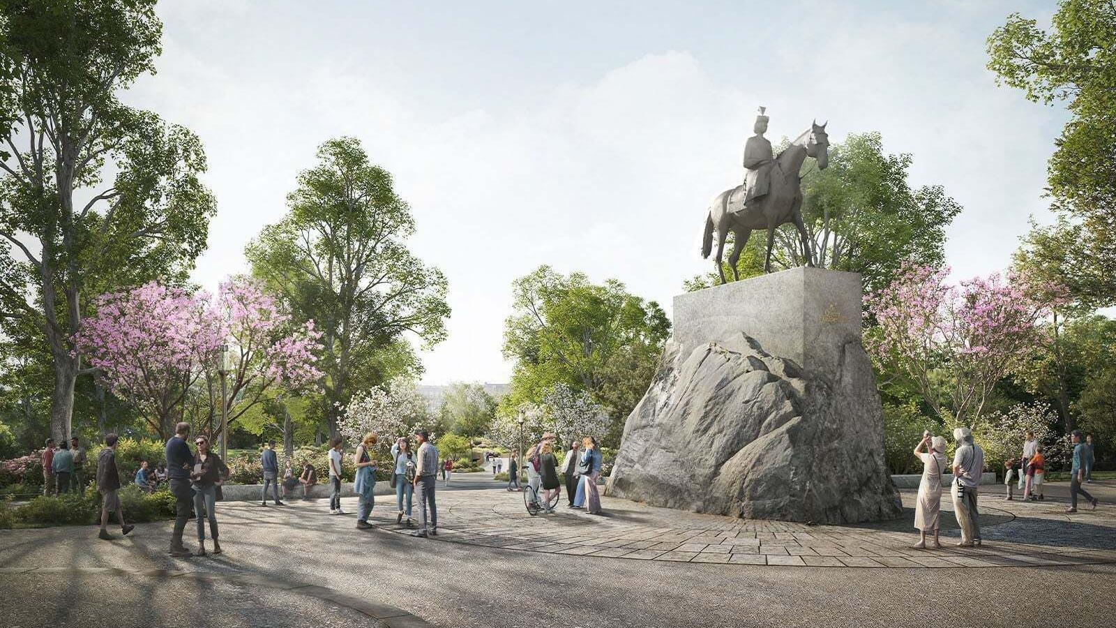 A statue of the queen on horseback