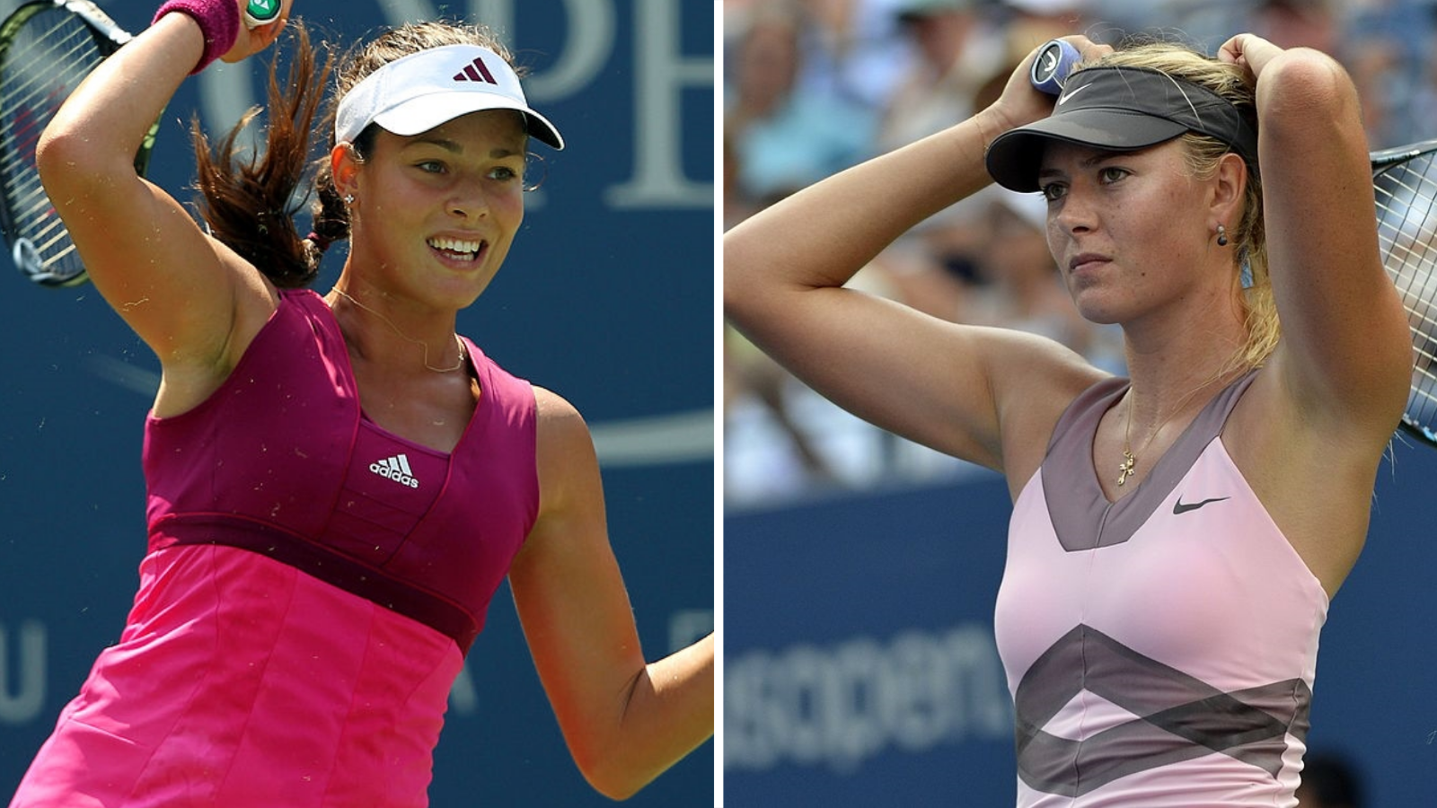 Split picture graphic: Left - Ana Ivanovic at the 2010 US Open. Right - Maria Sharapova at the 2012 US Open