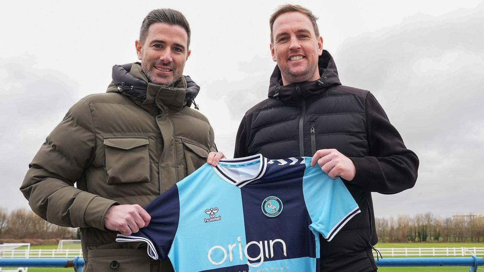 Wycombe head coach Mike Dodds with chief football officer Dan Rice at the club's training ground