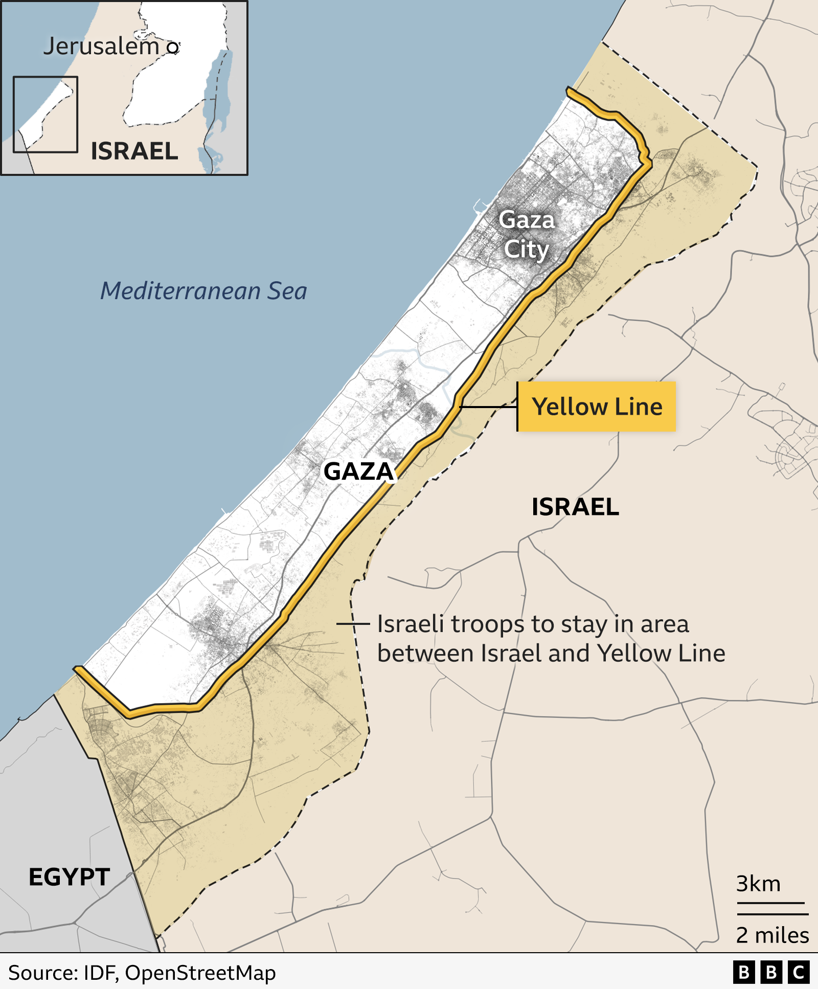 A map showing the extent of the Yellow Line which runs around the periphery of Gaza and demarcates the territory controlled by Israeli forces