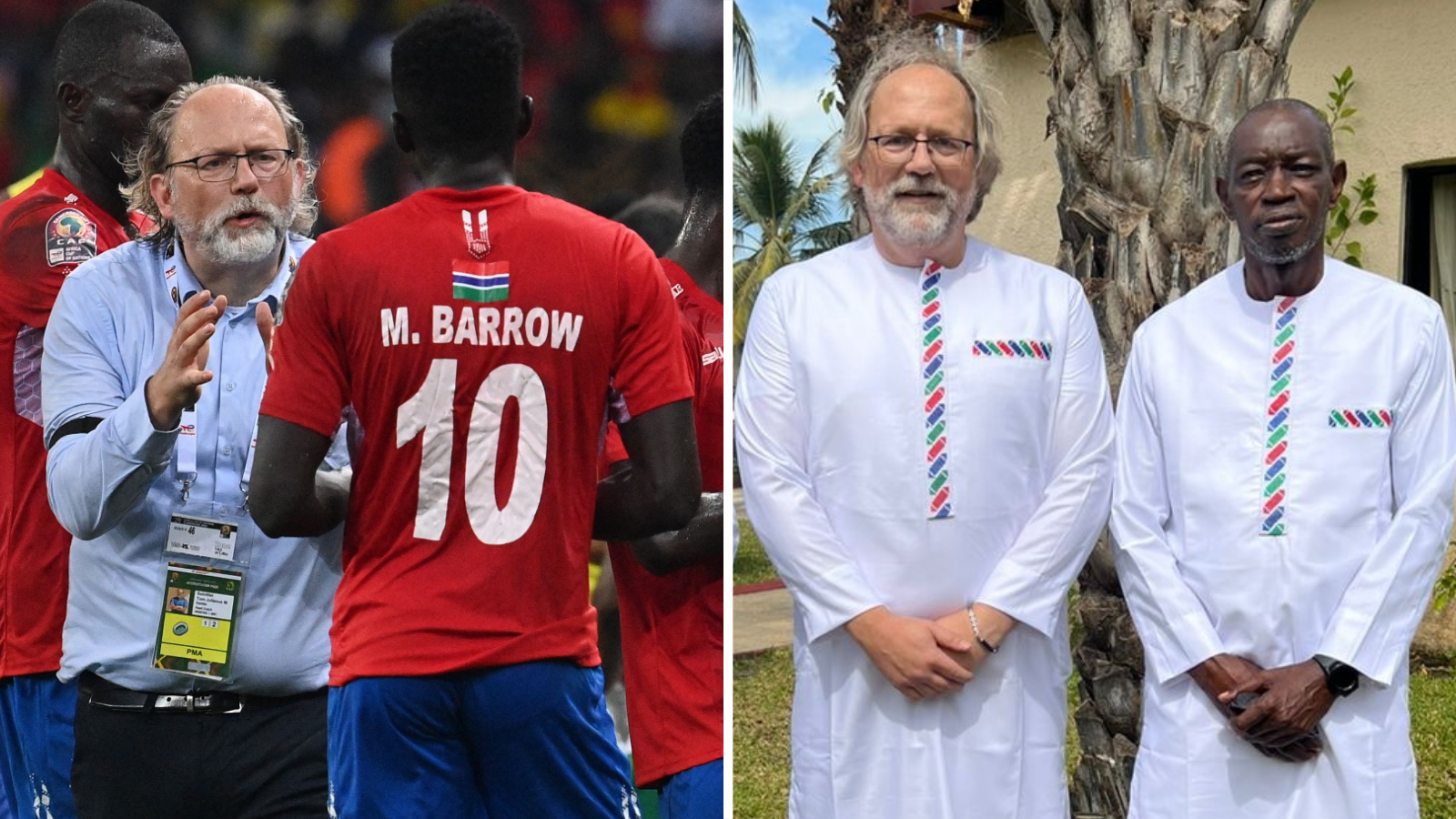 A composite image that shows Tom Saintfiet in smart clothes giving impassioned advice to Gambia forward Musa Barrow on the pitch while the other part of the image shows him in a long white Gambian shift, standing with hands clasped in front of him next to a man in the same dress