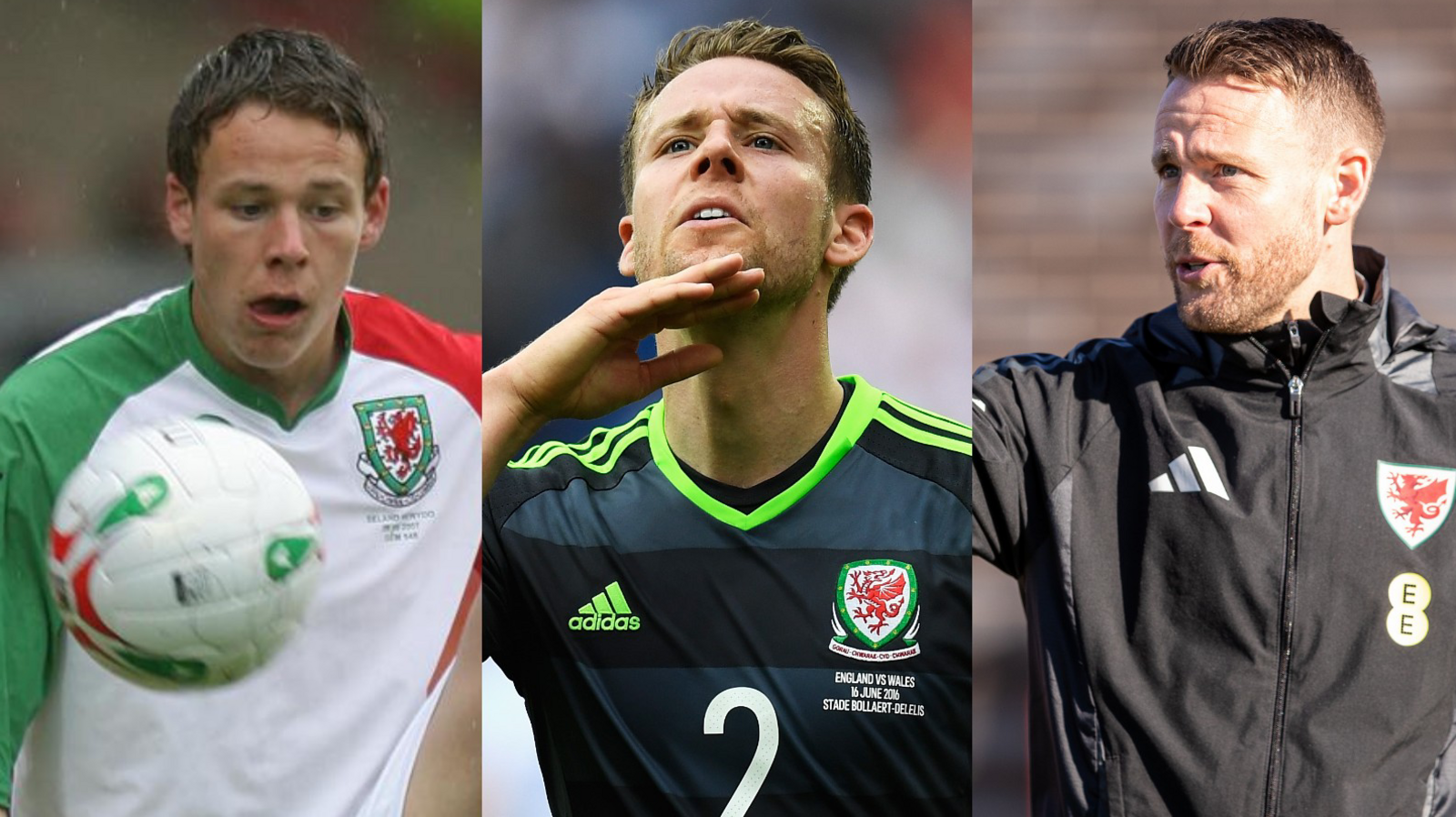 Chris Gunter on his senior Wales debut in 2007, performing his chin-up gesture to fans after defeat to England at Euro 2016 and working as under-19s head coach