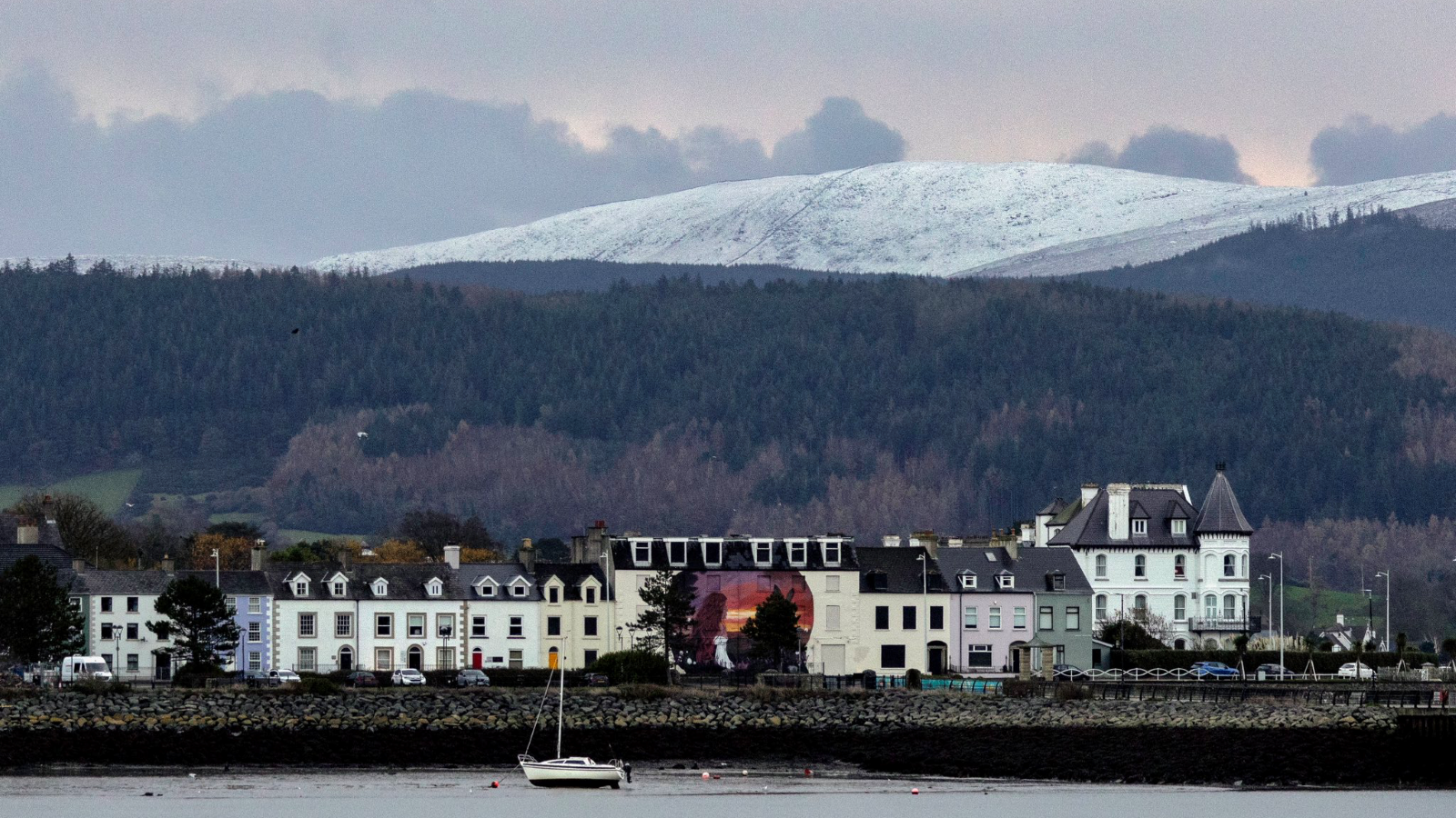 A white beaked hill sits above a green tree line that sits above the town of warrenpoint. A row of white houses sit infront of the coast, a boat is in the harbour