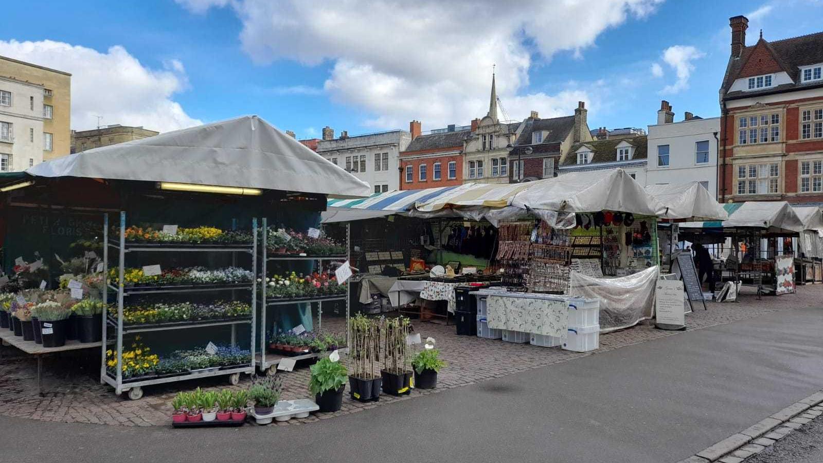 Market stalls in Cambridge city centre.