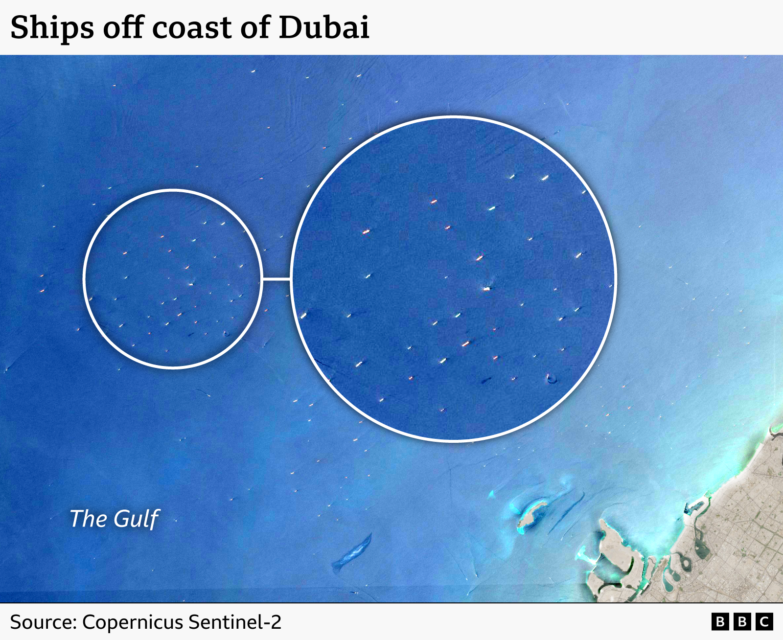 A satellite image showing ships off the coast of Dubai