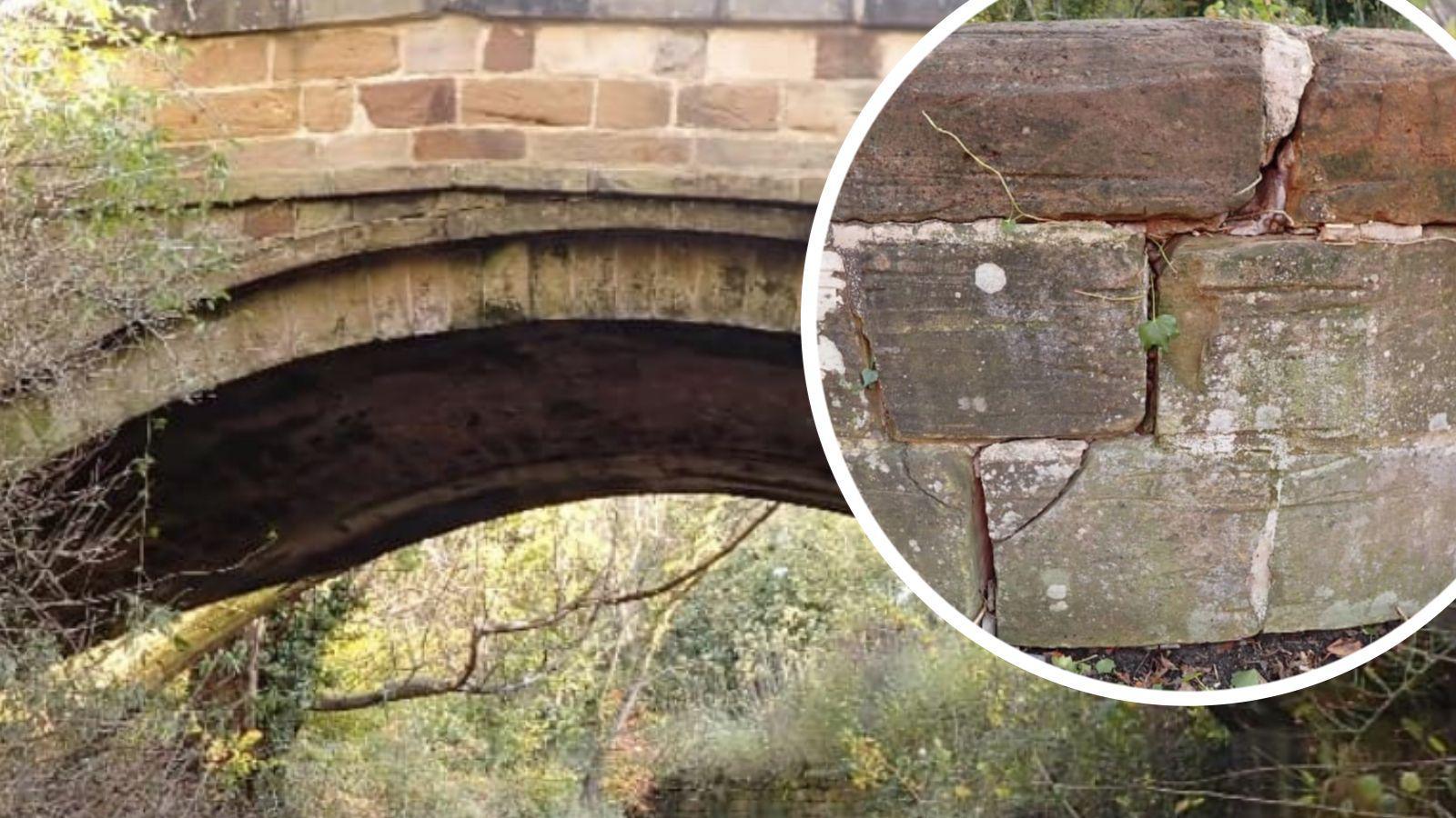 A picture of the Upleatham Bridge with an inset picture layered over the top, in a white circle, showing cracks in the east parapet. It is a stone single-span bridge.