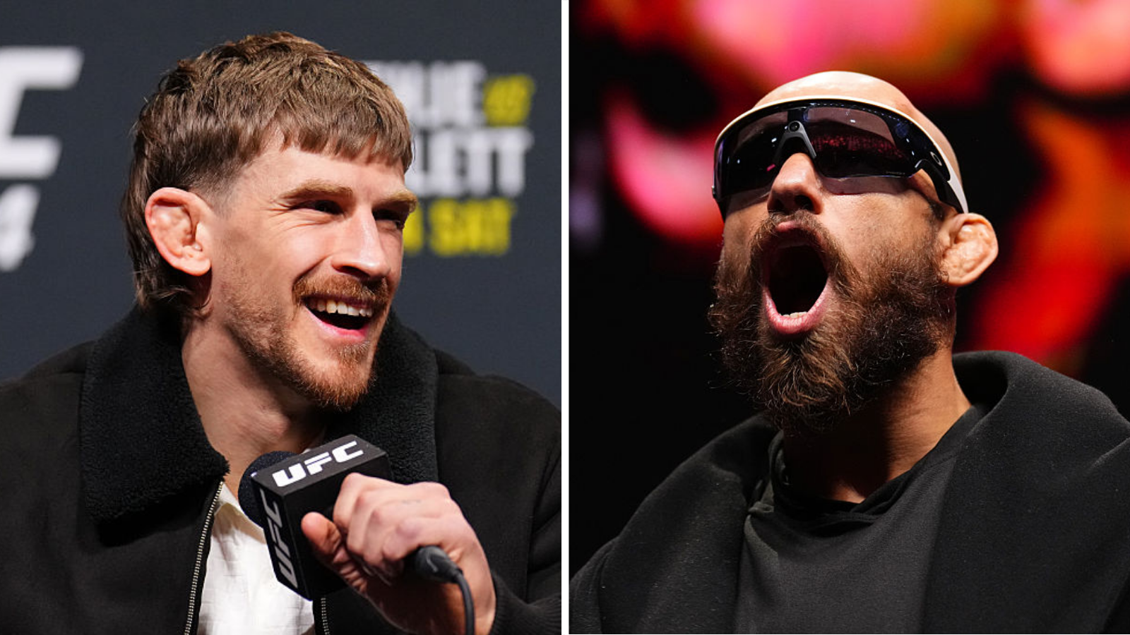 Split image of Arnold Allen speaking at a news conference and Jean Silva barking