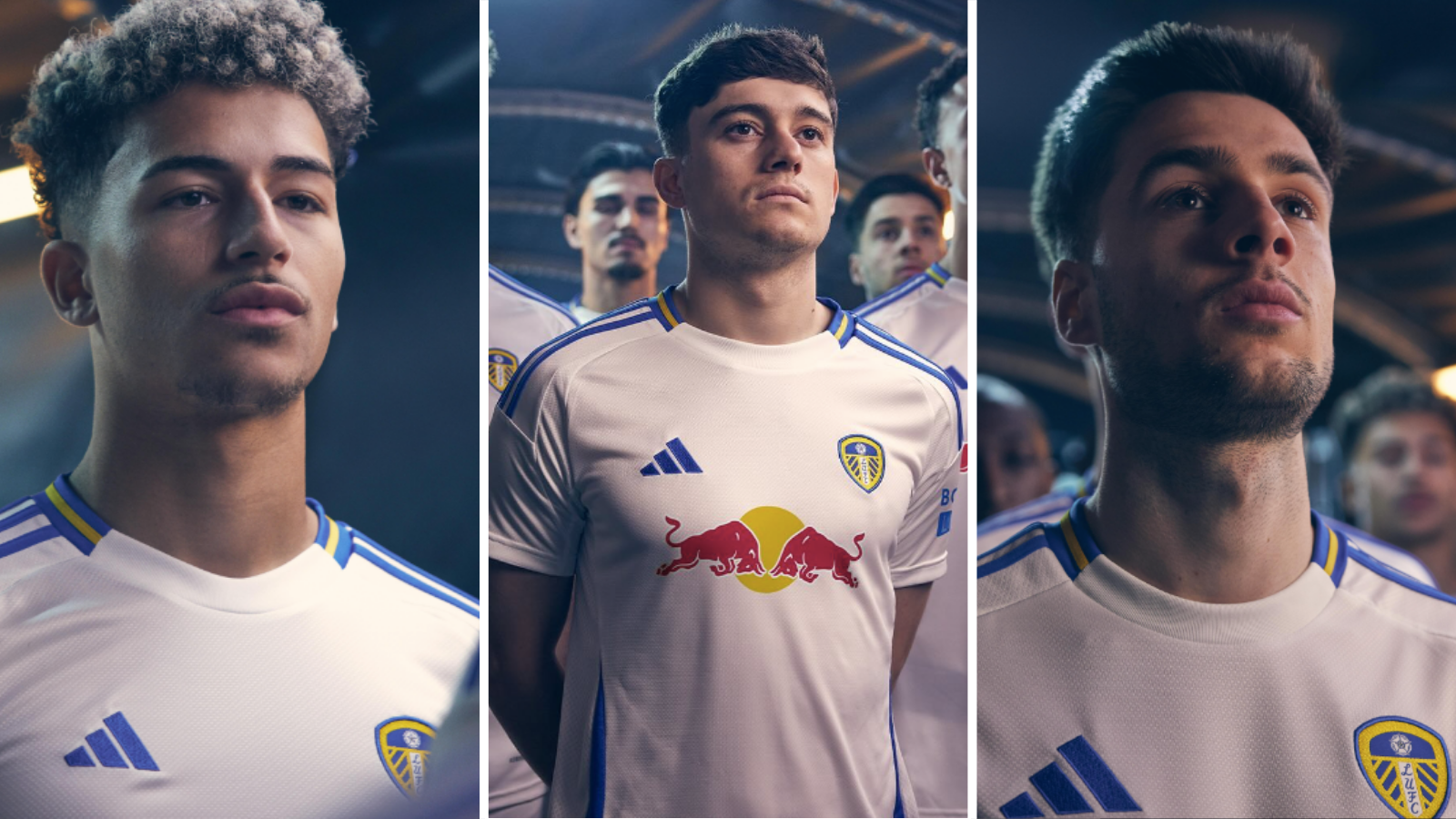 Mateo Joseph, Dan James and Ilia Gruev model Leeds' new home kit.