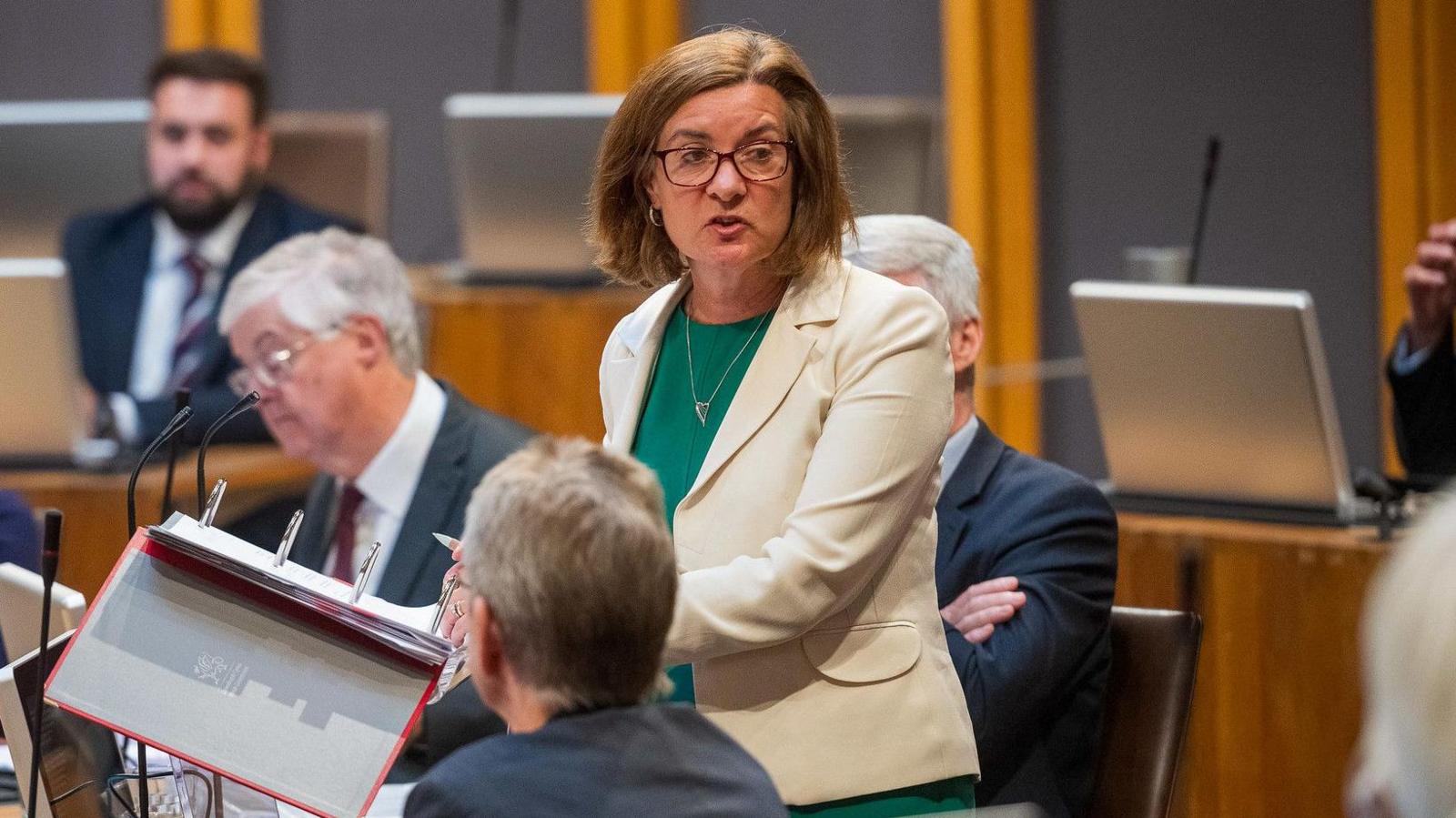 Eluned Morgan stood in the Senedd during first minister's questions on Tuesday