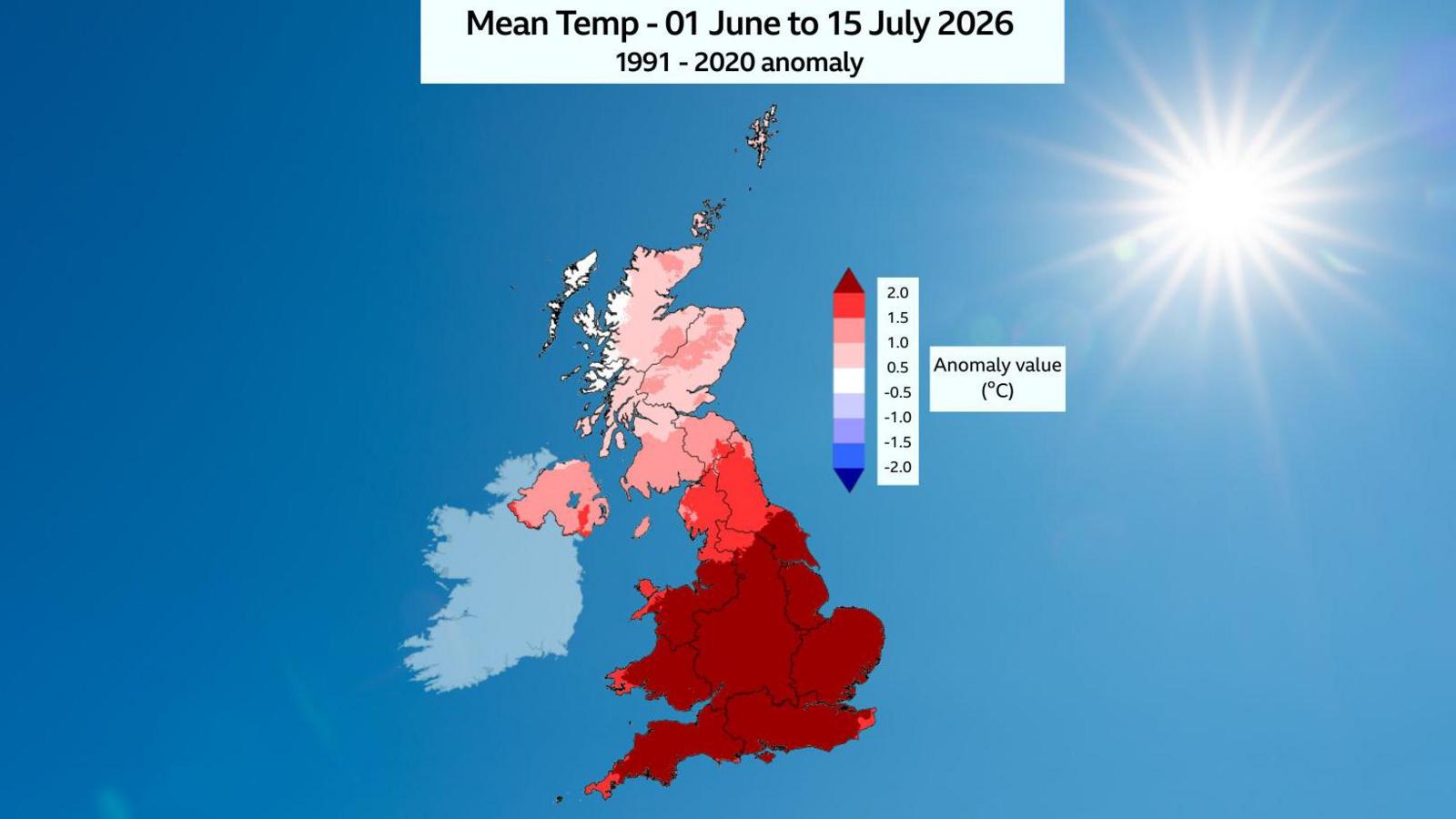 A map showing temperature anomalies compared with the 1991-2020 average. The southern half of the UK is coloured in dark red - indicative of temperatures 2C or more above average. Further north the colours are paler, indicating less significant anomalies.
