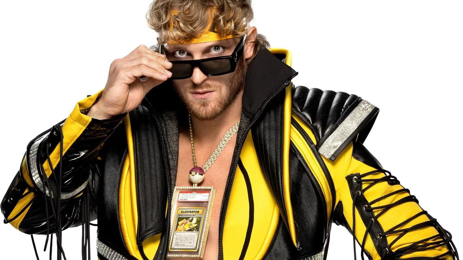 Logan Paul in a black and yellow wrestling costume wearing the Pikachu card around his neck in a gold case on a gold chain