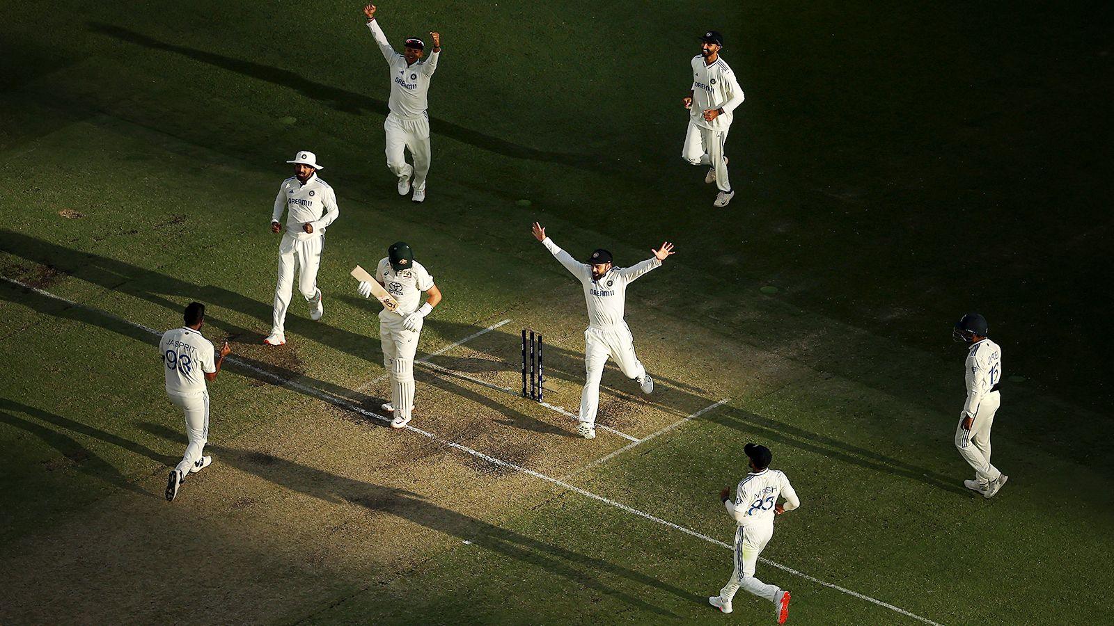 Marnus Labuschagne of Australia reacts after being dismissed by Jasprit Bumrah of India for three runs during day three of the first Test match in the series at Perth Stadium on 24 November