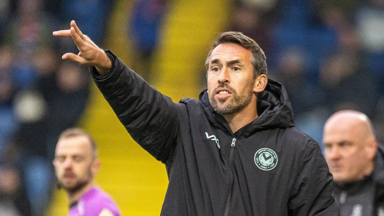 Christian Fuchs directs his Newport County team from the sidelines