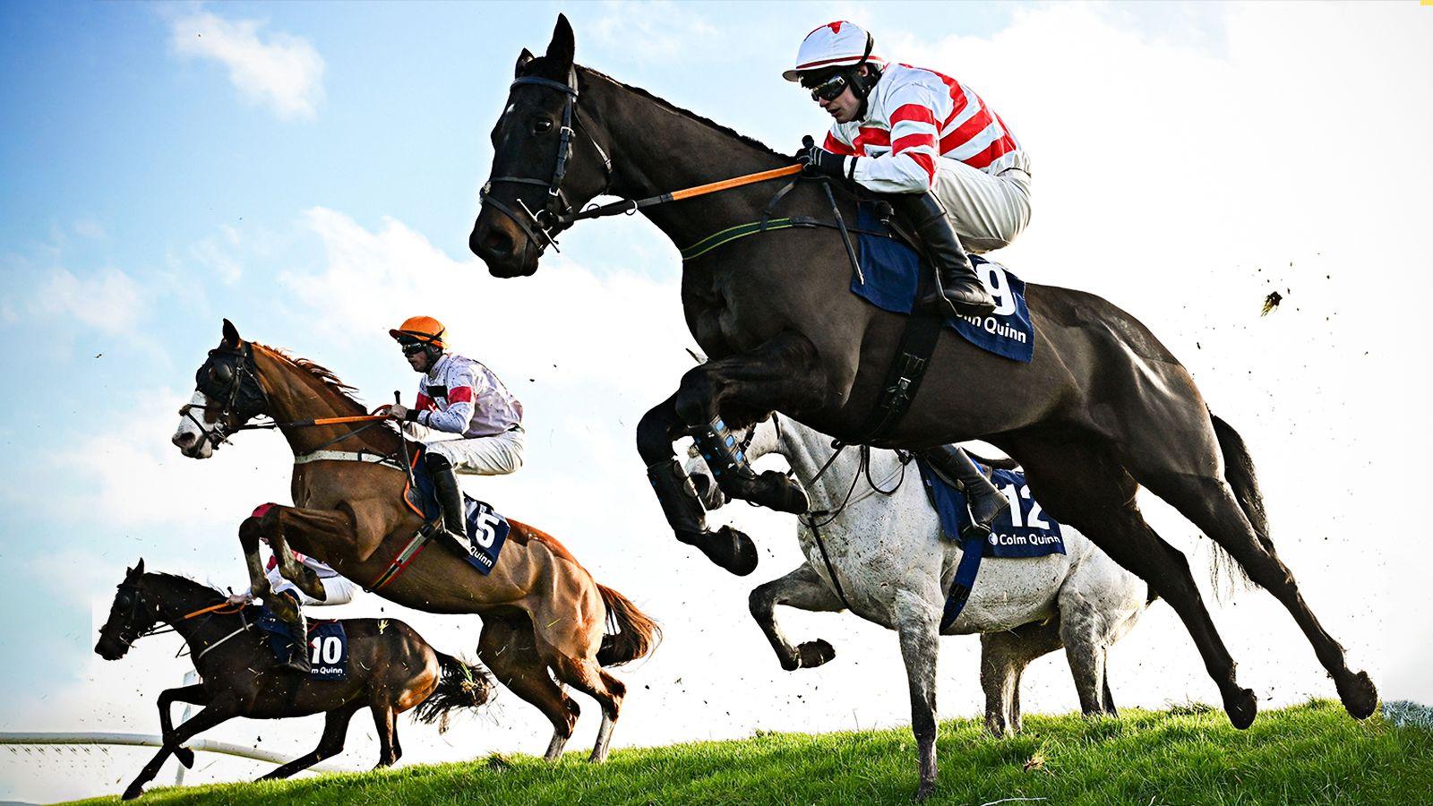 Land Jet, ridden by Sean O'Keeffe, jumps Ruby's Double during the Colm Quinn BMW Risk of Thunder Steeplechase on day two of the Punchestown Winter Festival in Kildare, on 24 November