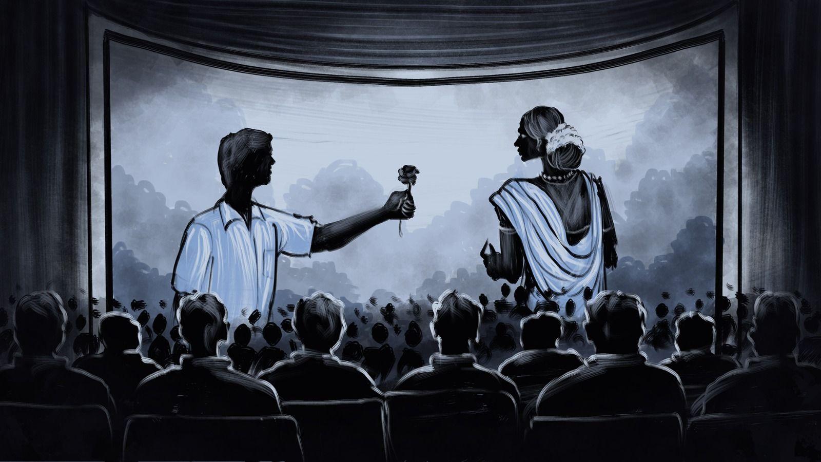 A sketch of people watching a movie in the theatre where a man is standing holding a rose and his face is towards a woman in a saree