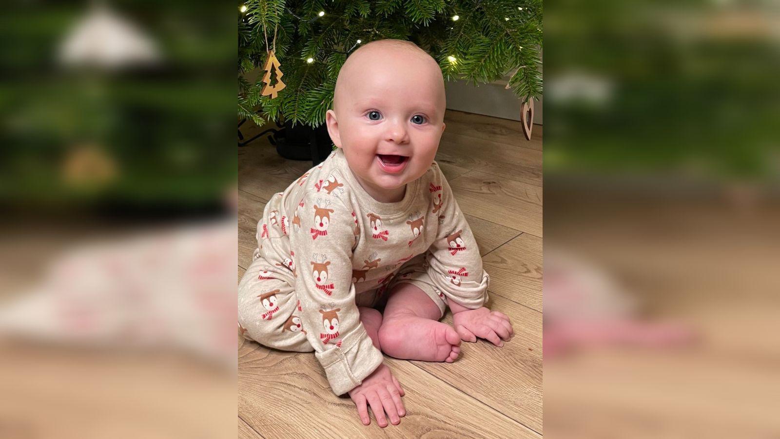 A baby plays on a wooden floor under a Christmas tree. The tree is adorned with fairy lights and golden decorations. 