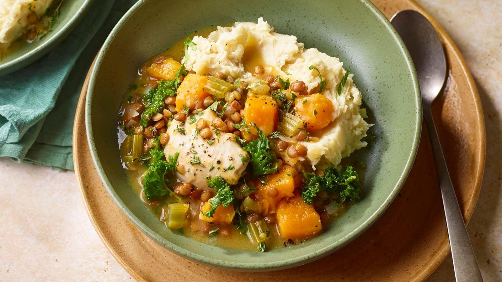 Chicken and kale stew with butter bean mash