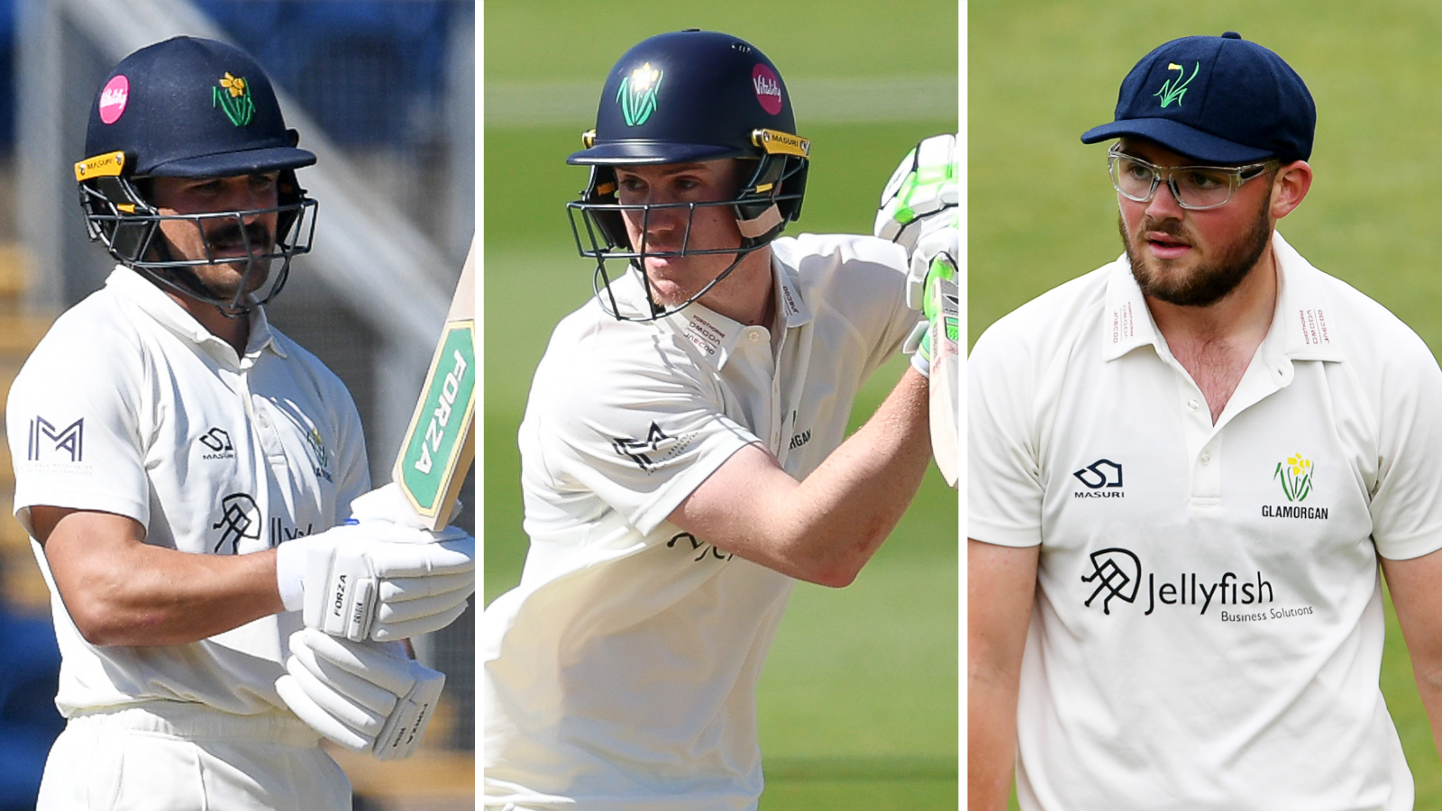 Kiran Carlson wearing a Glamorgan helmet holding a bat, Ben Kellaway batting in a Glamorgan helmet and Tom Norton wearing a Glamorgan cap.