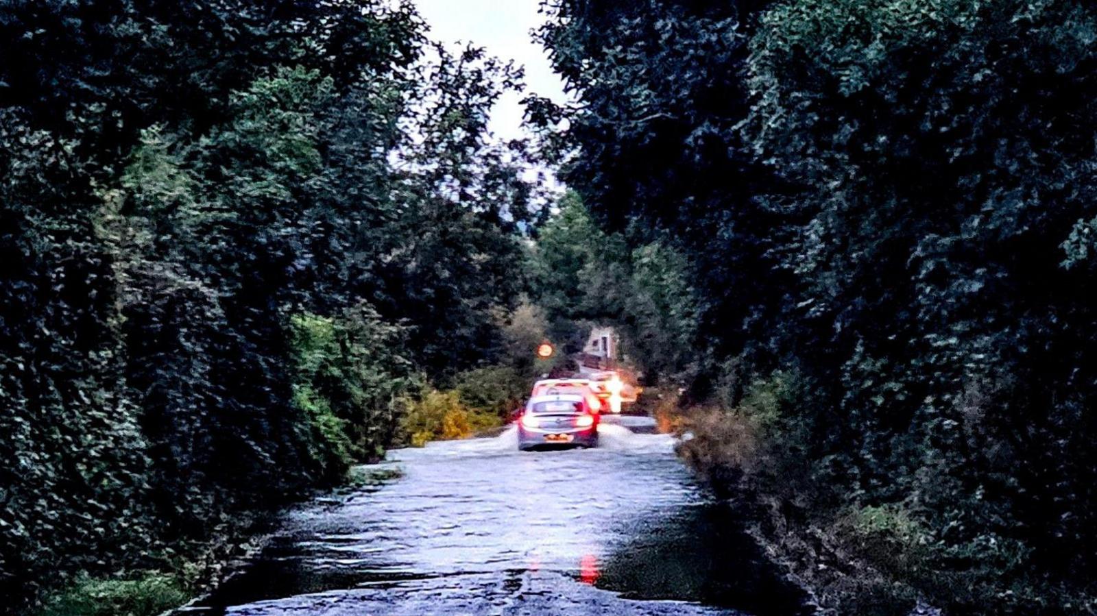 Cars with headlights on move through a flooded road, spraying water up to the sides. There are trees and bushes either side of the road.