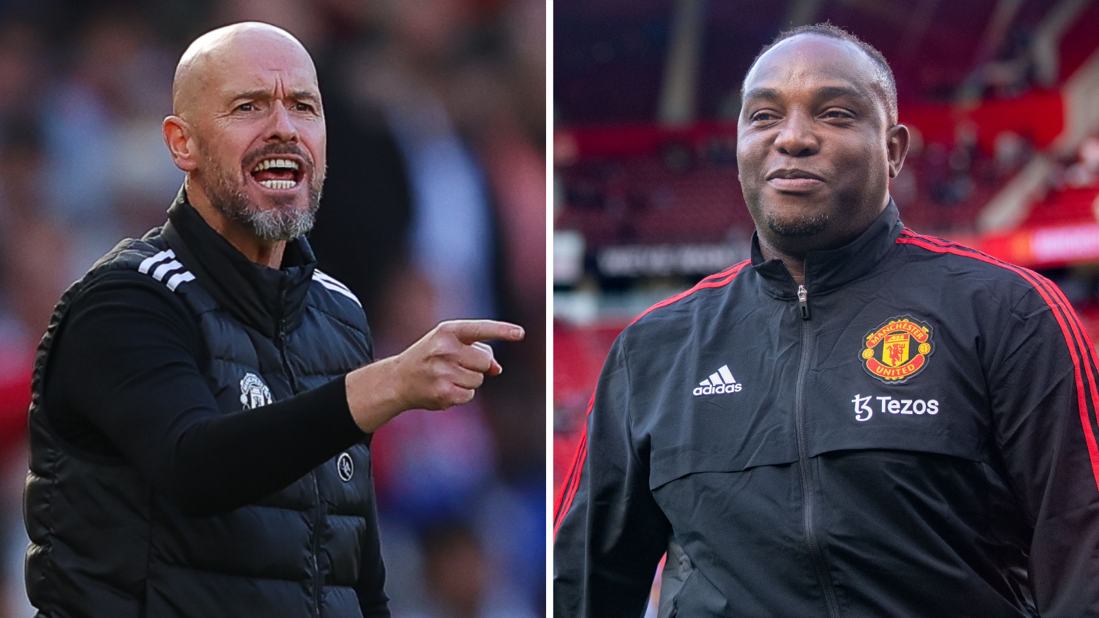 A composite image that includes Erik ten Hag (left), in black Manchester United training gear with white time, pointing with his right hand towards Benni McCarthy (right), wearing black Manchester United training gear with red trim, walking along with an Old Trafford stand blurred in the background.