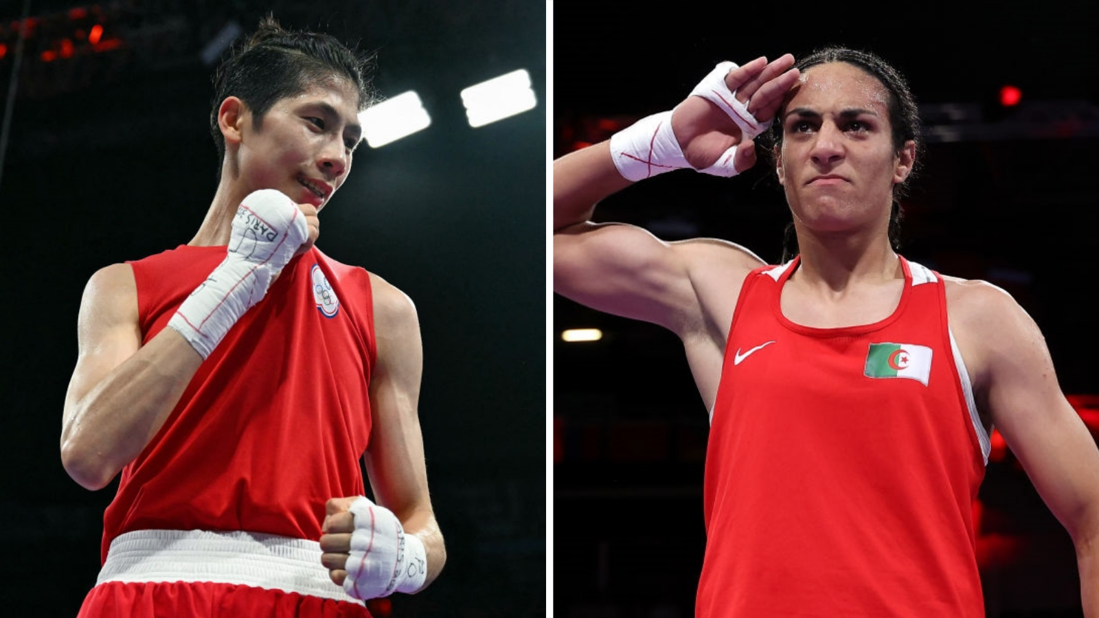 Split image of Lin Yu-ting smiling and Imane Khelif saluting the crowd