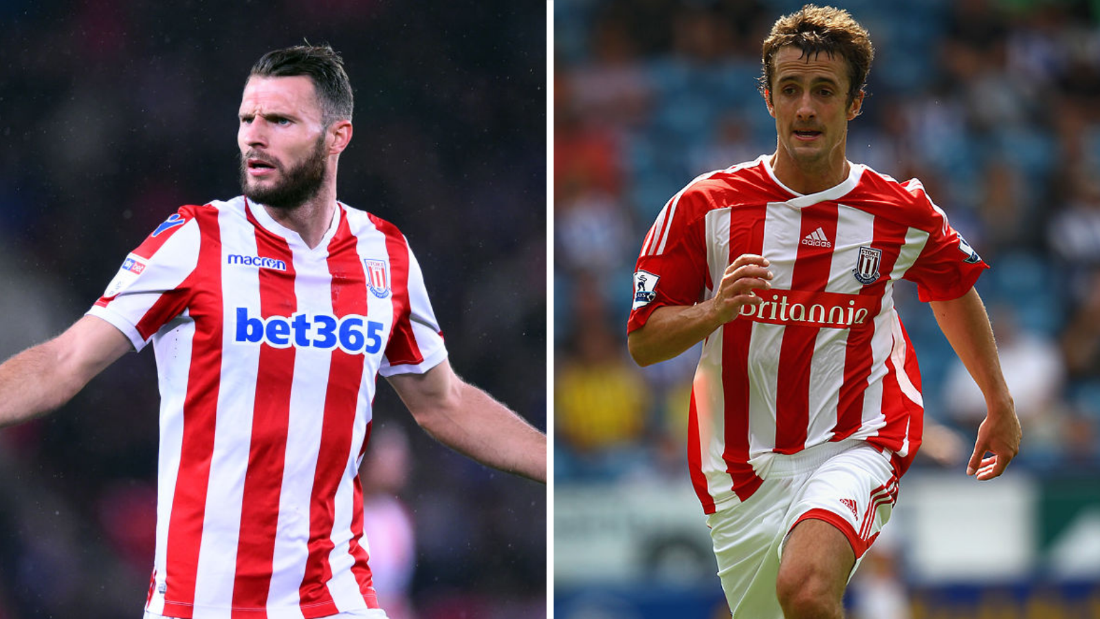 A side by side image of Erik Pieters and Danny Pugh both in match action wearing red and white striped Stoke City shirts