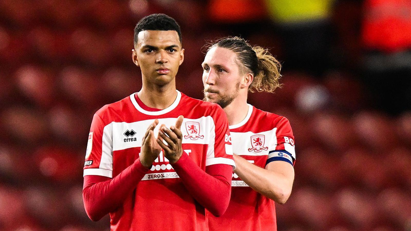 Morgan Whittaker and Luke Ayling applaud the fans after the 3-2 defeat to Sunderland