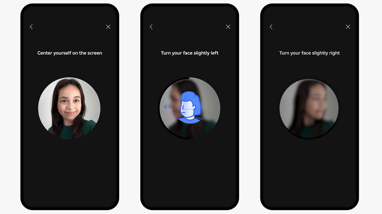 Three smartphone screens showing steps for facial age verification in an app. The screen on the left instructs the user to center themselves on the screen, the middle one shows an illustration with an arrow indicating to turn the face slightly left, and the right instructs to turn the face slightly right.