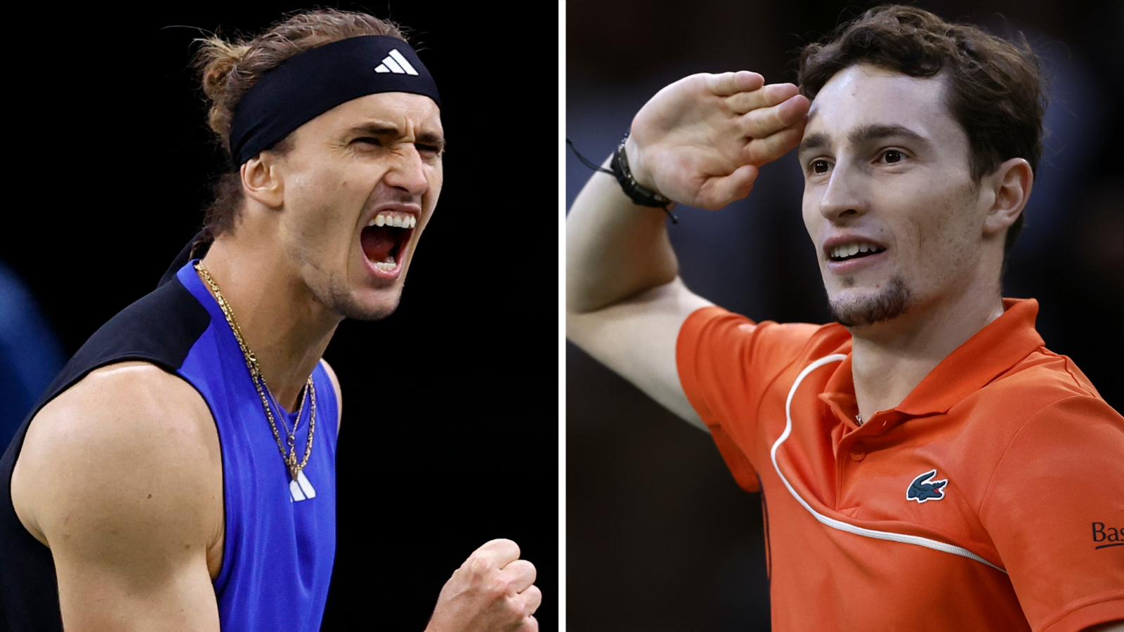 Split image of Alexander Zverev and Ugo Humbert celebrating while playing in the Paris Masters semi-finals