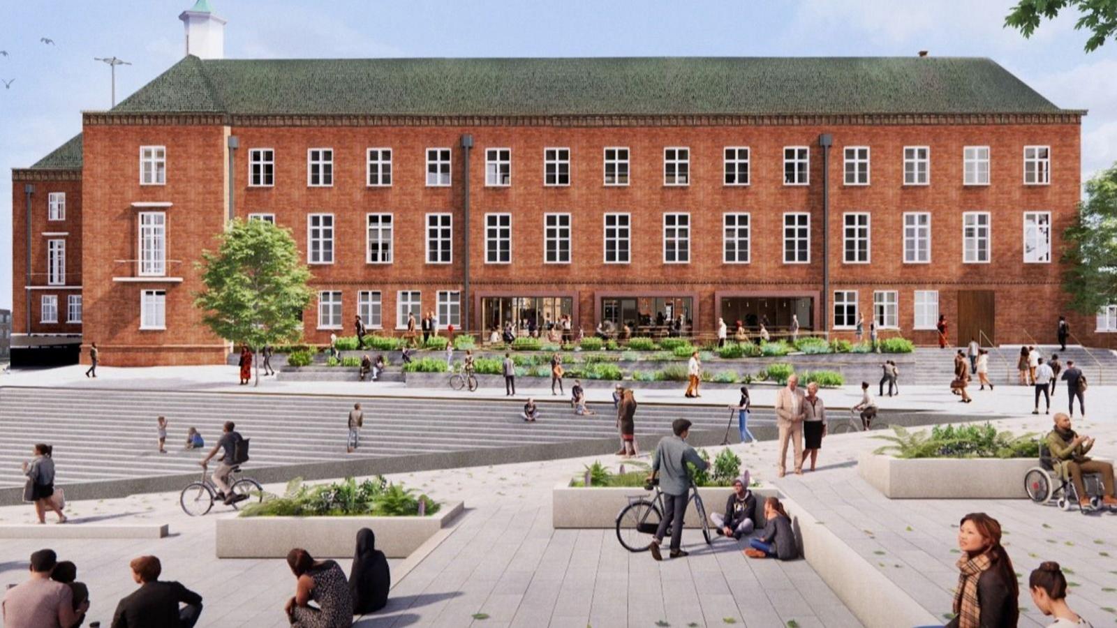 An artist's impression of an updated Watford Town Hall. It shows a large brick building, with more than 30 large windows. There are people outside a sloped area, with trees and bushes, places to sit and ramps for people in wheelchairs. The building is red brick with a green roof.