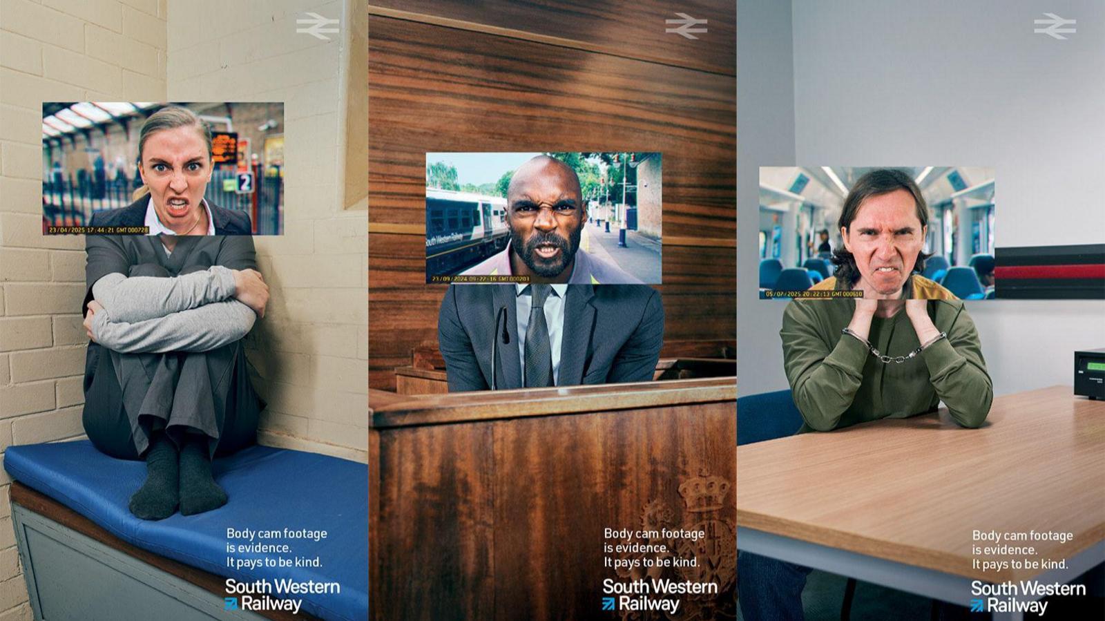 The train operators new campaign shows three different scenarios. The first poster, on the left hand side, shows a person huddled in the corner of a prison cell wearing prison attire. A photo, placed over the top of the prisoners face, depicts an angry woman yelling at an SWR colleague which has been captured via a body-worn camera. The middle poster shows a person in court wearing a suit and tie. A photo over the top of the body shows an angry man yelling at an SWR employee, which has been captured via a body-worn camera. The posted on the right hand side shows a person in hand cuffs being interviewed by police. A photograph over the top of the body shows an angry man yelling at a train worker, which has been captured by a body-worn camera.